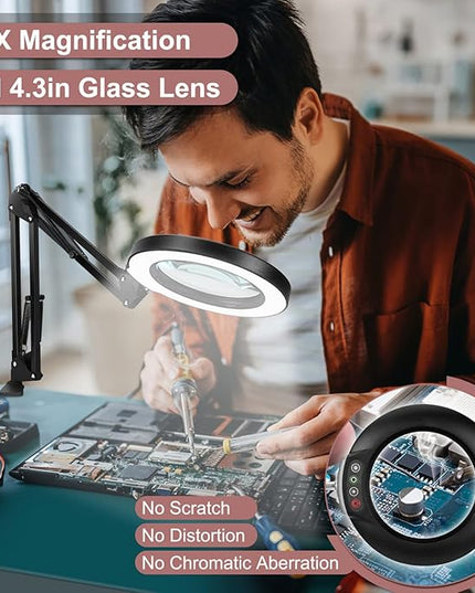 Veemagni 8X Magnifying Glass with Light, 5 Color Modes Stepless Dimmable, Adjustable Swing Arm LED Lighted Desk Lamp with Clamp, Hands Free Magnifier with Light and Stand for Craft Hobby Close Works - LeafyLoom
