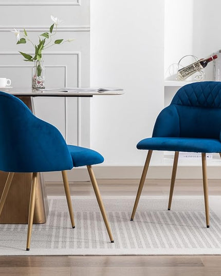Velvet Dining Chairs Sets of 2, Modern Upholstered Accent Side Chairs with Arm Gold Metal Legs for Kitchen Living Bed Room, Blue - LeafyLoom