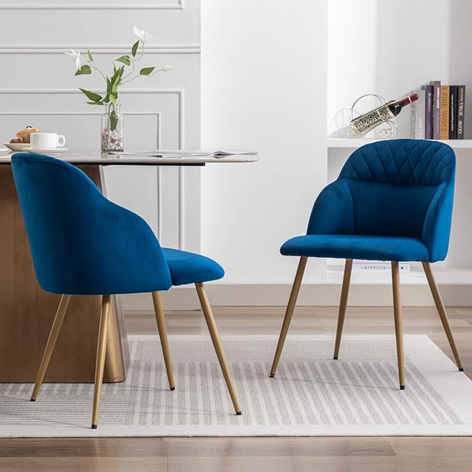Velvet Dining Chairs Sets of 2, Modern Upholstered Accent Side Chairs with Arm Gold Metal Legs for Kitchen Living Bed Room, Blue - LeafyLoom