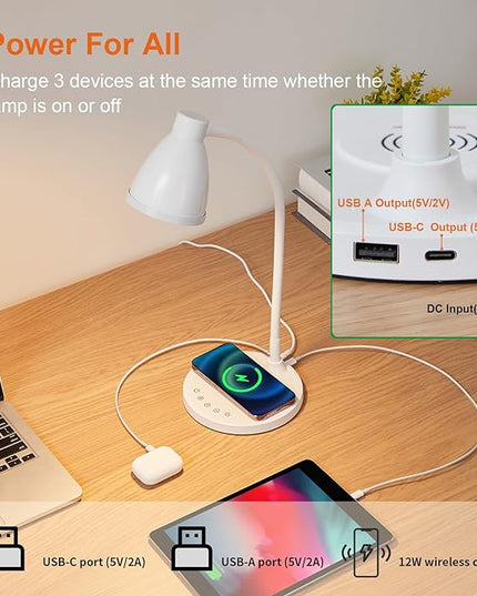 BOHON Desk Lamp for Home Office, LED Desk Light with USB C+A Charging Ports, Wireless Charger, 5 Colors Stepless Dimming Reading Light Timer, Touch Bedside Table Lamp for College Dorm Room White - LeafyLoom