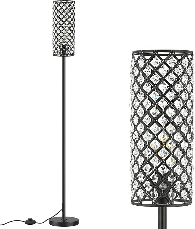 Acaxin Crystal Floor Lamp for Bedroom Black, Living Room Floor Lamps with Bulb, Modern Tall Lamp for Bedroom, Glam Standing Light for Girls Bedroom, Minimalism Pole Corner Lamp for Office, Dorm Hotel - LeafyLoom