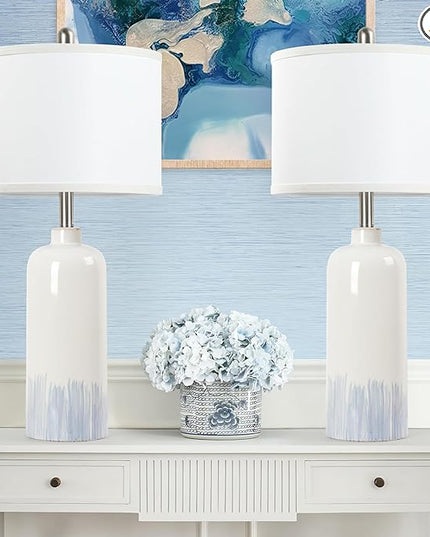 26" Ceramic Table Lamps Set of 2, Coastal Living Room Table Lamps with White Fabric Shades, Large Modern Bedside Lamps for Bedroom Nightstand Office Hotel Beach House, Blue Accent - LeafyLoom