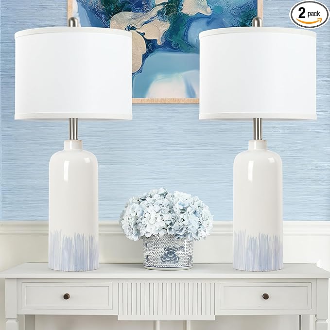 26" Ceramic Table Lamps Set of 2, Coastal Living Room Table Lamps with White Fabric Shades, Large Modern Bedside Lamps for Bedroom Nightstand Office Hotel Beach House, Blue Accent - LeafyLoom