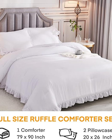 Andency White Comforter Full Size, 3 Pieces Solid Farmhouse Shabby Chic Ruffle Bedding Sets, All Season Soft Lightweight Comfy Down Alternative Bed Set for Girls Teens Men Women - LeafyLoom