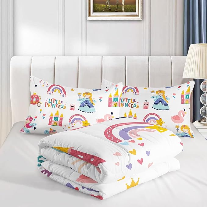 Datura home Girls Bedding Comforter Set Little Princess and Rainbow Castle Printed Pattern Quilt Bedding Set with 1 Comforter and 2 Pillowcases for Girls Bedroom All Season(Princess Twin) - LeafyLoom