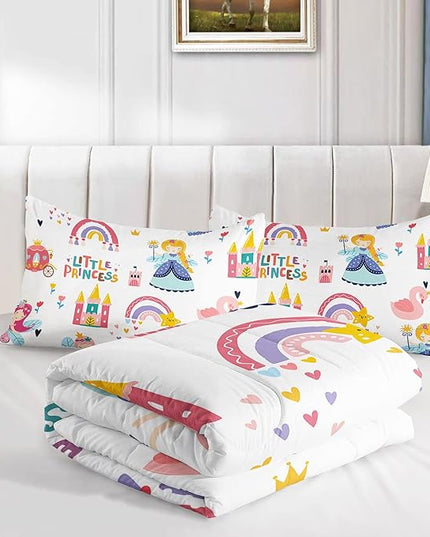 Datura home Girls Bedding Comforter Set Little Princess and Rainbow Castle Printed Pattern Quilt with 1 2 Pillowcases for Bedroom All Season(Princess Queen), Queen 90x90inches - LeafyLoom