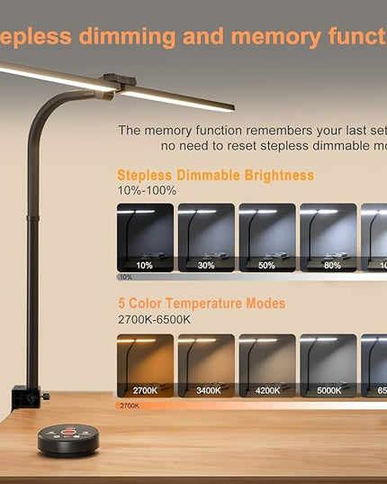LED Desk Lamp for Office Home, Eye Caring Architect Desk Light with Clamp & Remote Control, Double Head 24W Bright Gooseneck Table Lamp for Dual Screen Computer Monitor Office Lighting Reading Study - LeafyLoom