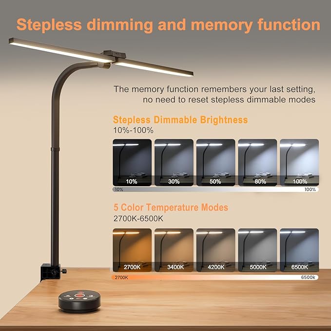 LED Desk Lamp for Office Home, Eye Caring Architect Desk Light with Clamp & Remote Control, Double Head 24W Bright Gooseneck Table Lamp for Dual Screen Computer Monitor Office Lighting Reading Study - LeafyLoom