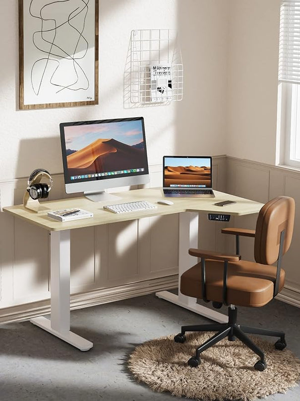Electric Standing Desk, Height Adjustable Sit Stand up Desk, L-Shaped Memory Home Office Desk with Hook, 55 x 34 inch - LeafyLoom