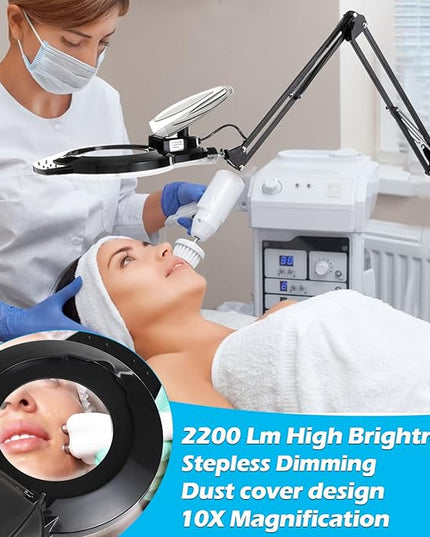 10X Magniyfing Floor Lamp with 4 Wheel Rolling Base for Estheticians 2,200 Lumens LED Magnifier Lighted Glass Lens, AdjustableStand & Swivel Arm Floor Lamp for Reading, Crafts, Tasks - LeafyLoom