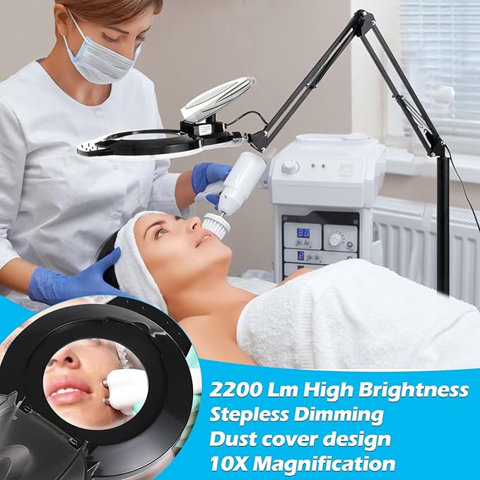 10X Magniyfing Floor Lamp with 4 Wheel Rolling Base for Estheticians 2,200 Lumens LED Magnifier Lighted Glass Lens, AdjustableStand & Swivel Arm Floor Lamp for Reading, Crafts, Tasks - LeafyLoom