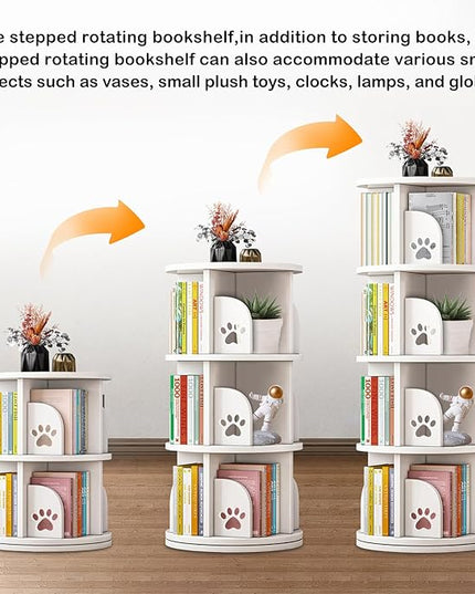 LEYUKEJI 360°Rotating Bookshelf 3-Tier Large Capacity 18" Diameter Kids Bookshelf PVC Plastic Display Cabinet,Corner Bookcase Space Saving Round Spinning Storage Rack With Small Silicone Hammer,White - LeafyLoom