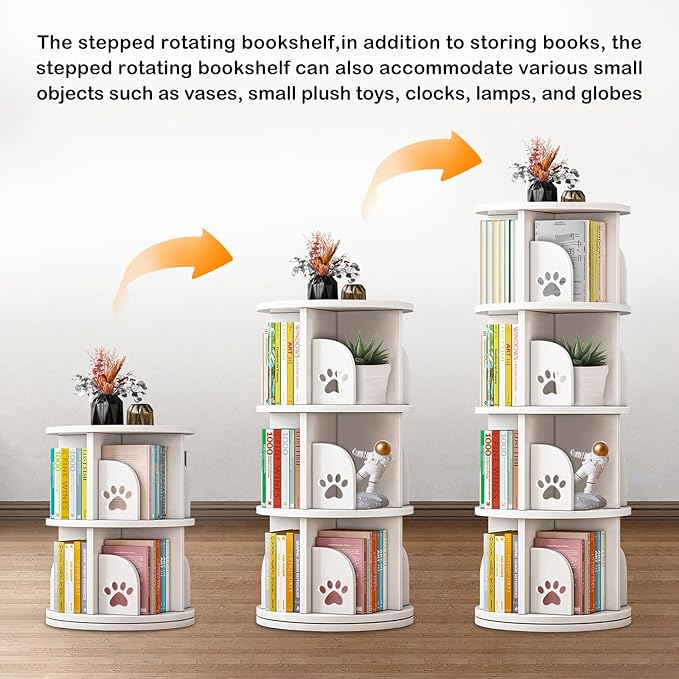 LEYUKEJI 360°Rotating Bookshelf 4-Tier Large Capacity 18" Diameter Kids Bookshelf PVC Plastic Display Cabinet,Corner Bookcase Space Saving Round Spinning Storage Rack With Small Silicone Hammer,White - LeafyLoom