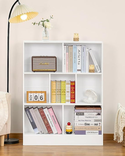 YAHARBO White 7 Cube Bookshelf,3 Tier Modern Horizontal Bookcase,Wooden Low Book Shelf Display Storage Cabinet with Base,Floor Standing Short Bookshelves Open Organizer for Bedroom,Living Room,Office - LeafyLoom