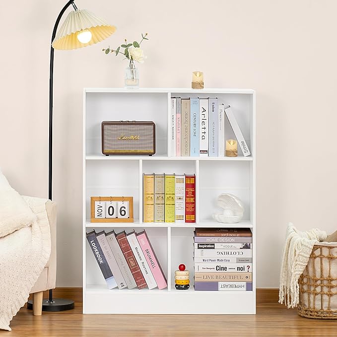 YAHARBO White 7 Cube Bookshelf,3 Tier Modern Horizontal Bookcase,Wooden Low Book Shelf Display Storage Cabinet with Base,Floor Standing Short Bookshelves Open Organizer for Bedroom,Living Room,Office - LeafyLoom