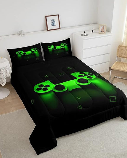 Gamer Comforter Set For Boys Twin,Gaming Bedding Comforters For Kids Teens Men Game Room Decor,Video Game Down Comforter Reversible Retro Green Gamepad Controller Quilt Duvet Sets Home Decor 2 Pcs - LeafyLoom