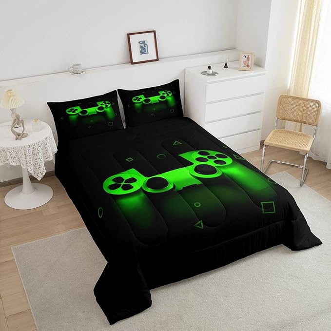 Gamer Comforter Set For Boys Twin,Gaming Bedding Comforters For Kids Teens Men Game Room Decor,Video Game Down Comforter Reversible Retro Green Gamepad Controller Quilt Duvet Sets Home Decor 2 Pcs - LeafyLoom