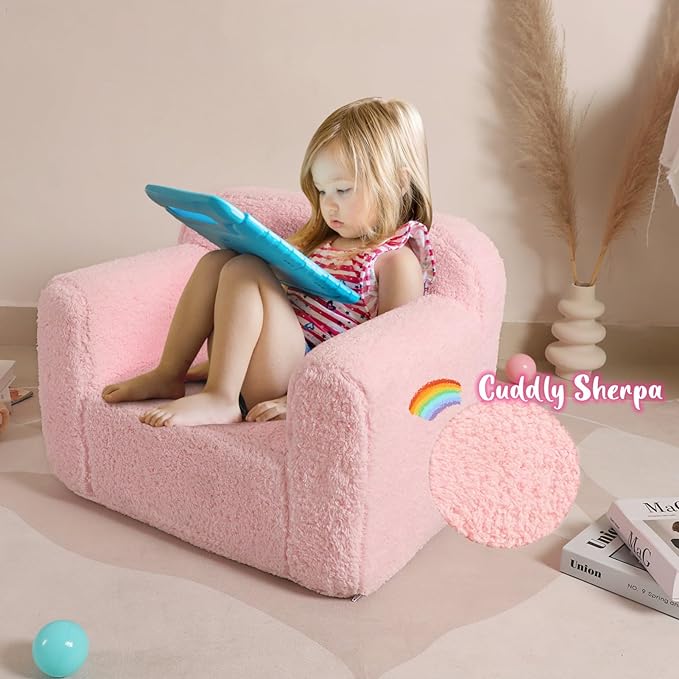 Kids Snuggly-Soft Sherpa Chair, Cuddly Toddler Foam Chair for Boys and Girls, Pink - LeafyLoom
