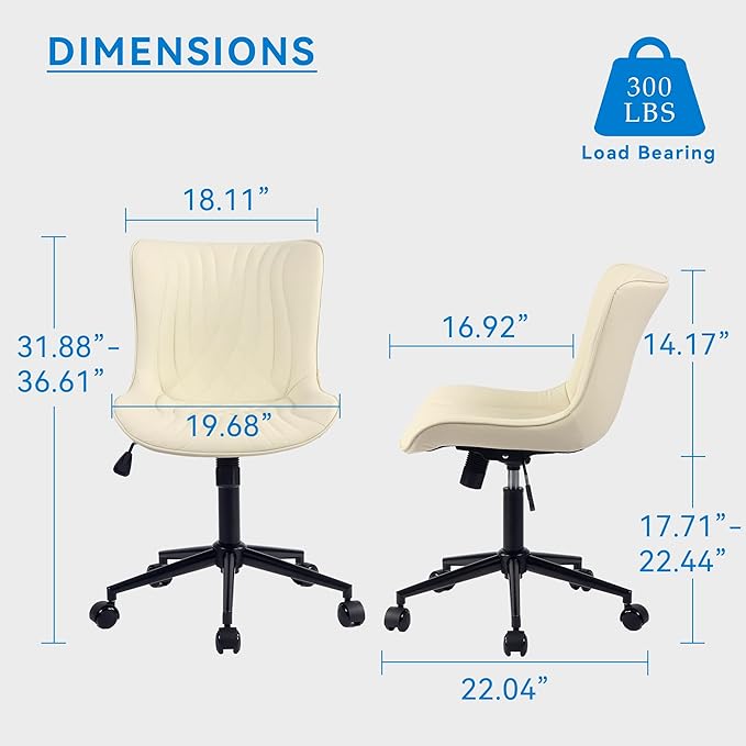 YOUNIKE Office Chair, Armless Desk Chair with Wheels, Home Office Computer Task Chairs, Modern Faux Leather Padded Vanity Chair, Adjustable Swivel Rocking Office Chair with Back, Beige - LeafyLoom