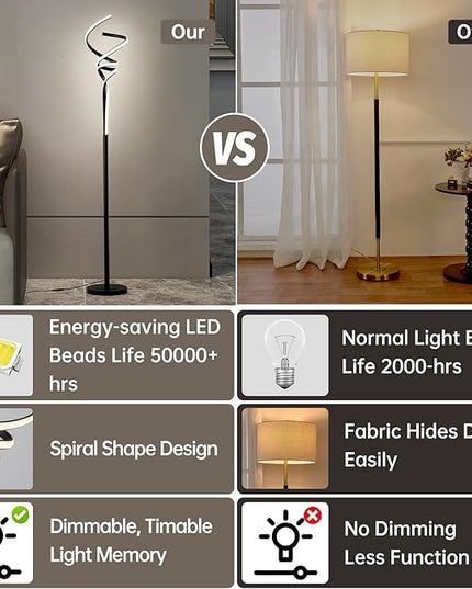 Modern Spiral Floor Lamps for Living Room, LED Spiral Floor Lamp 48W Tall Standing Lamp Timing 63"-67" Adjustable Height 3 Color Dimable Corner Black Floor Lamps for Bedroom Office - LeafyLoom