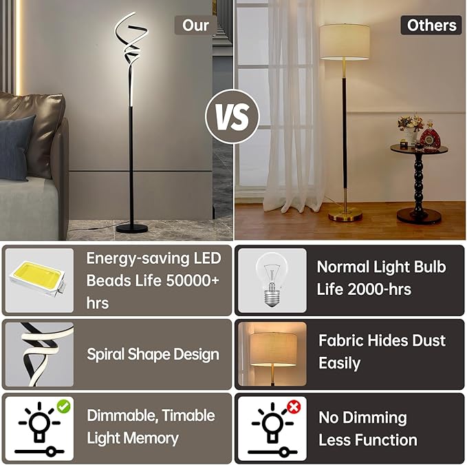 Modern Spiral Floor Lamps for Living Room, LED Spiral Floor Lamp 48W Tall Standing Lamp Timing 63"-67" Adjustable Height 3 Color Dimable Corner Black Floor Lamps for Bedroom Office - LeafyLoom