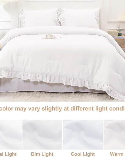 White Double Ruffle Comforter Set Queen Size (90x90 Inch), 3 Pcs Farmhouse Vintage Comforter Set (1 Ruffled Comforter and 2 Pillowcase), Rustic All Season Down Alternative Bedding Set - LeafyLoom