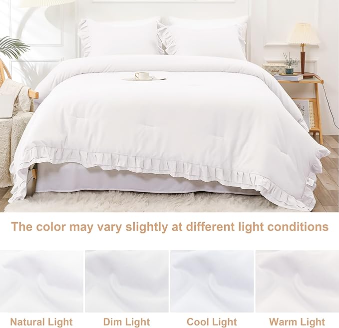 White Double Ruffle Comforter Set Queen Size (90x90 Inch), 3 Pcs Farmhouse Vintage Comforter Set (1 Ruffled Comforter and 2 Pillowcase), Rustic All Season Down Alternative Bedding Set - LeafyLoom