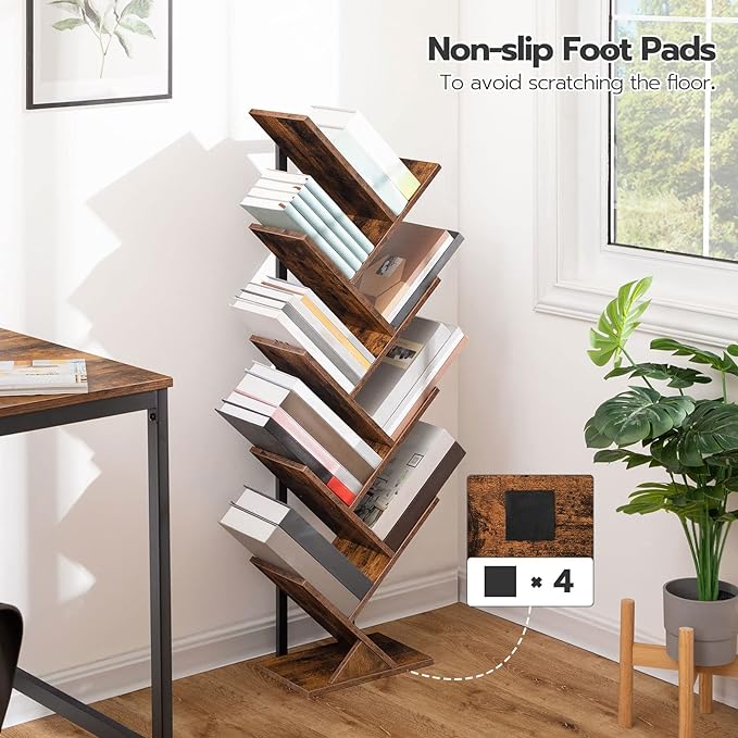 HOOBRO Tree Bookshelf, 9-Tier Bookcase Wooden Shelves, Floor Standing Storage Rack, for Display of CDs, Books in Living Room, Home Office, Wood Storage Rack for Bedroom, Rustic Brown BF08SJ01G1 - LeafyLoom