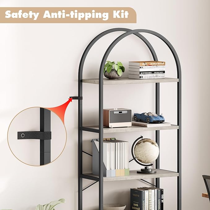 GAOMON 5 Tier Bookshelf Arched Bookcase Modern Standing Bookshelves Tall Display Racks Metal Book Shelf for Bedroom, Living Room, Home Office - LeafyLoom