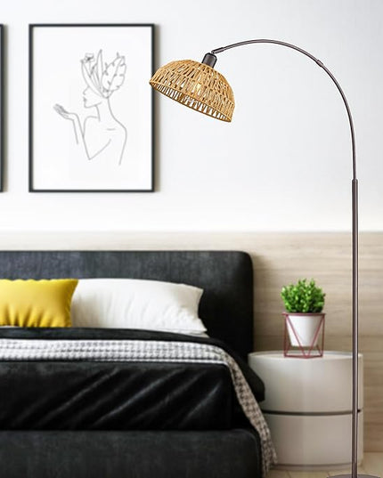 Rattan Floor Lamp, Retro Boho Arc Standing Lamp with Remote Control and LED BuLB Farmhouse Bamboo Lamp Shade Floor Light Industrial Tall Lamp (Oil Rubbed Bronze) - LeafyLoom