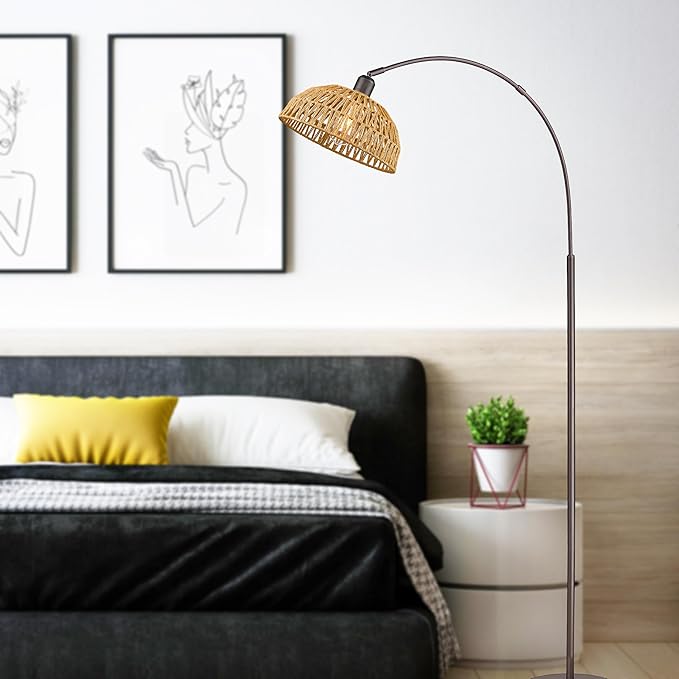 Rattan Floor Lamp, Retro Boho Arc Standing Lamp with Remote Control and LED BuLB Farmhouse Bamboo Lamp Shade Floor Light Industrial Tall Lamp (Oil Rubbed Bronze) - LeafyLoom