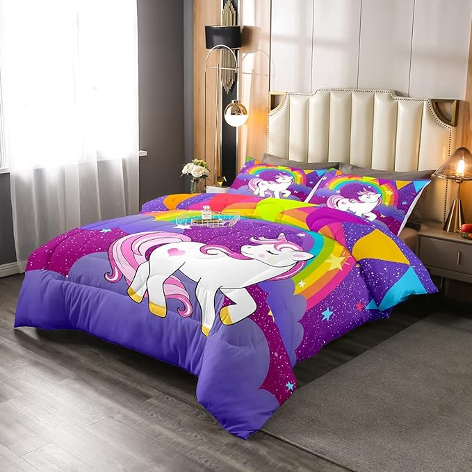 Girls Unicorn Comforter Set Twin Girls Bedding Set Cute Rainbow Unicorn Print Down Comforter Kids Cartoon Kawaii Duvet Set Galaxy Stars Fantasy Girls Room Decor Children Unicorn Reversible Purple - LeafyLoom