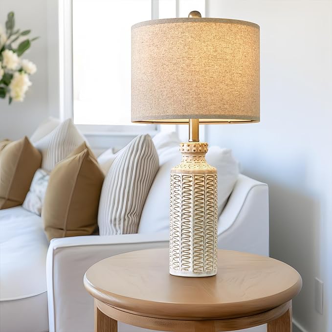 24.75'' Farmhouse Ceramic Table Lamp Set of 2 for Bedroom Living Room Vintage Traditional Rustic Modern White Nightstand Bedside Lamps - LeafyLoom