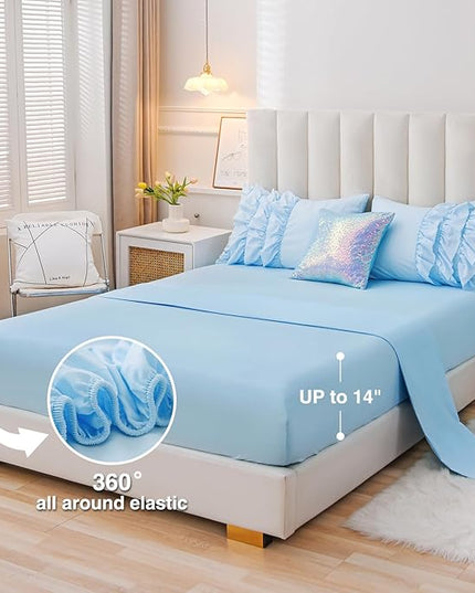 A Nice Night Waterfall Flutter Ruffle Comforter Set,Ruffled Textured Soft Chic Princess 6pcs Bedding Set,with Bling Shiny Sequin Throw Pillow Case,Blue,Full - LeafyLoom