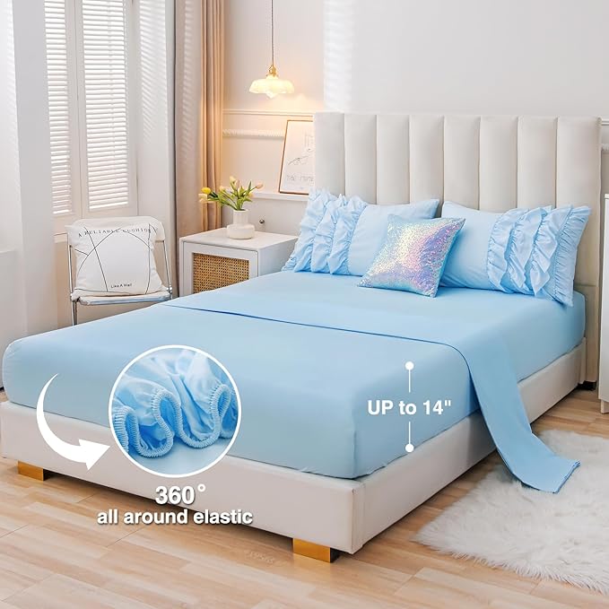 A Nice Night Waterfall Flutter Ruffle Comforter Set,Ruffled Textured Soft Chic Princess 6pcs Bedding Set,with Bling Shiny Sequin Throw Pillow Case,Blue,Full - LeafyLoom