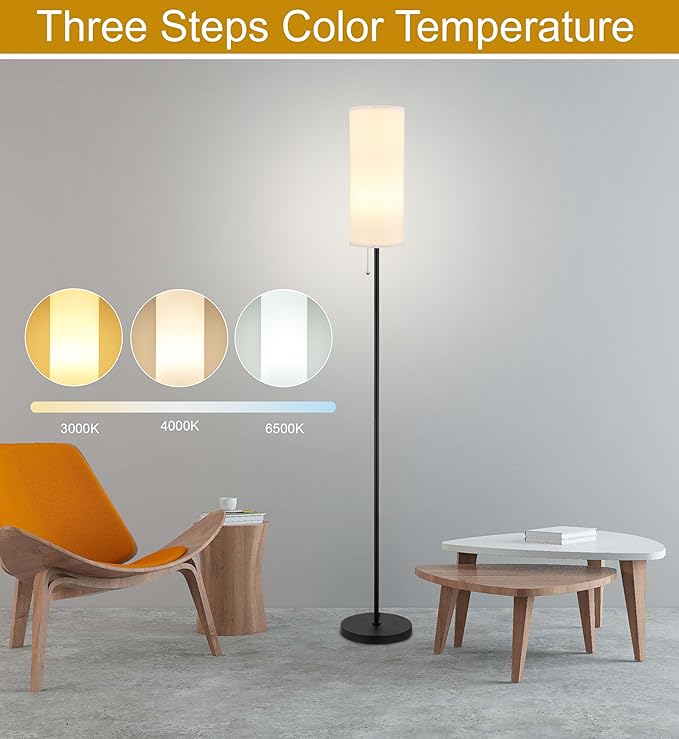 Floor Lamp for Living Room, Modern Standing Lamps with Lampshade, Minimalist Tall Lamp with Chain Switch for Living Room, Bedroom, Kids Room, Office,Standing Lamp LED Bulb Included (White Shade) - LeafyLoom