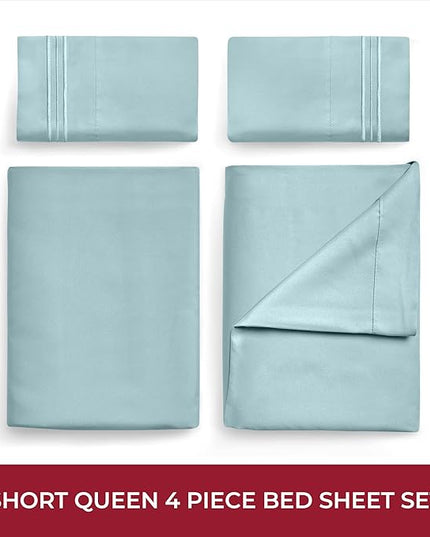 Mellanni RV Short Queen Sheets - 4 PC Iconic Collection Bedding Sheets & Pillowcases - Hotel Luxury, Extra Soft, Cooling Bed Sheets - Deep Pocket up to 10 inch (RV/Short Queen, Spa Blue) - LeafyLoom