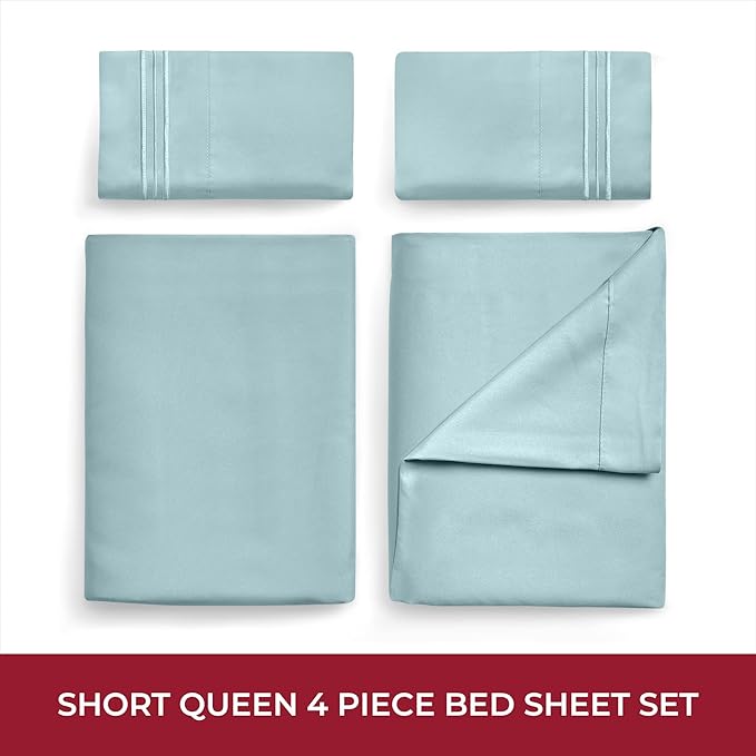 Mellanni RV Short Queen Sheets - 4 PC Iconic Collection Bedding Sheets & Pillowcases - Hotel Luxury, Extra Soft, Cooling Bed Sheets - Deep Pocket up to 10 inch (RV/Short Queen, Spa Blue) - LeafyLoom