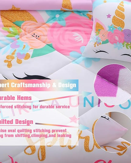 JQinHome Unicorn Full Bedding Sets for Girls Kids,8 Piece Bed in A Bag 3D Colorful Flower Girl Unicorn Comforter Set with Sheet Set(Sparkle) - LeafyLoom