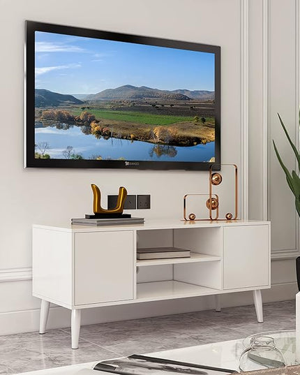 Yusong Retro TV Stand for 55 Inch TV, Entertainment Centers for Living Room Bedroom, Wood TV Bench Table TV Console TV Cabinet with 2 Storage Cabinets and Open Shelves,White - LeafyLoom