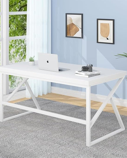 HSH White Desk, Modern Home Office PC Laptop Desk, Large Industrial Metal Wood Desk for Executive Writing Work Study Gaming, Long Student Computer Table for Bedroom Living Room, White Oak, 60 Inch - LeafyLoom