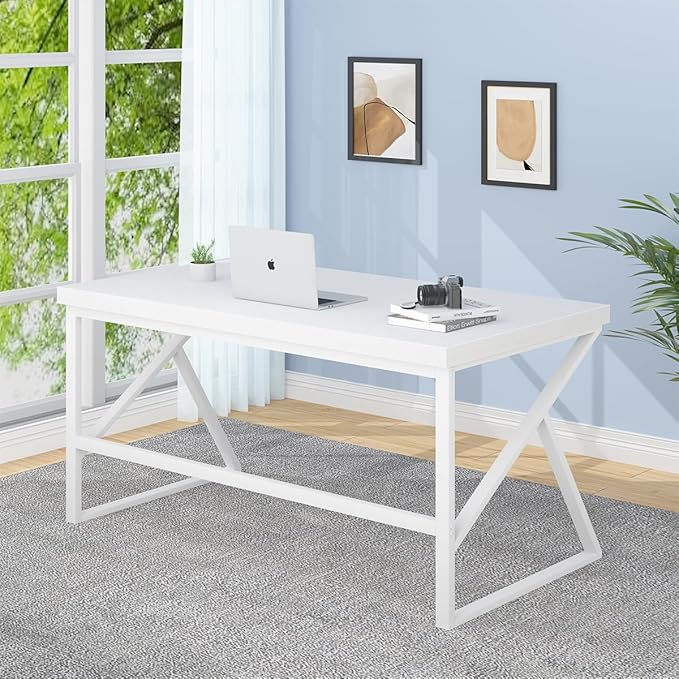 HSH White Desk, Modern Home Office PC Laptop Desk, Large Industrial Metal Wood Desk for Executive Writing Work Study Gaming, Long Student Computer Table for Bedroom Living Room, White Oak, 60 Inch - LeafyLoom