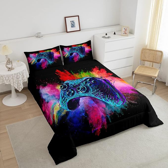 Erosebridal Boys Gaming Bed Comforter Set King Size,Kids Gamer Bedding Sets Girls,Colorful Tie Dye Video Game Quilt Comforter Navy Blue Gamepad Lightweight Bedding Set 1 Comforter with 2 Pillowcases - LeafyLoom