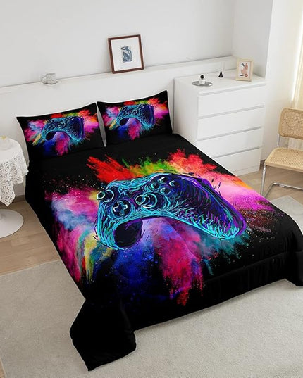 Erosebridal Teen Boys Gaming Full Size Comforter Sets Kids Gamer Bedding Set Girls Colorful Tie Dye Down Comforter Video Game Room Deocr Bed Set Navy Blue Gamepad Bedding Quilt with 2 Pillow Cases - LeafyLoom