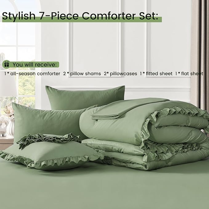 Bedding Set, 7 Pieces King Comforter Set in Green Ruffle, Shabby Chic Bed in a Bag with Premium Brushed Microfiber, All-Season, All-Inclusive - LeafyLoom