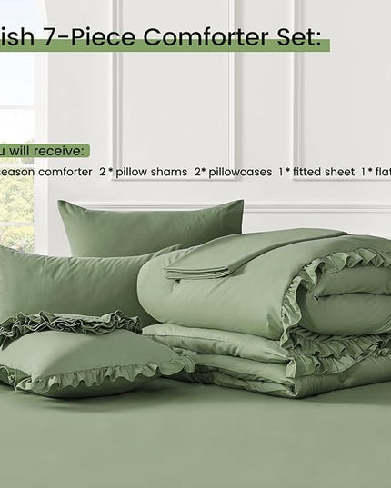 California King Bed in a Bag 7 Pieces Cal King Comforter Set, Ruffle Shabby Chic Bedding Comforter Set Green Bed Set with Comforter, Pillowcases, Flat Sheet, Fitted Sheet and Pillow Shams - LeafyLoom