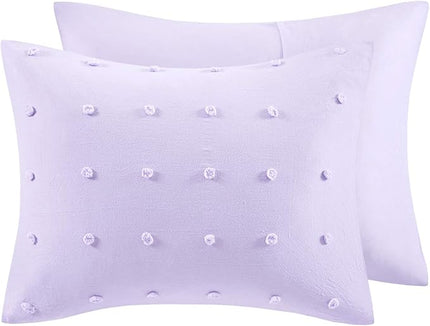 Callie Cotton Jacquard Weave Colorful Pom Pom Kids Comforter sets, Down Alternative Shabby Chic All Season Girls Bedding, Bedroom Decor, Twin/Twin XL, Lavender 4 Piece - LeafyLoom
