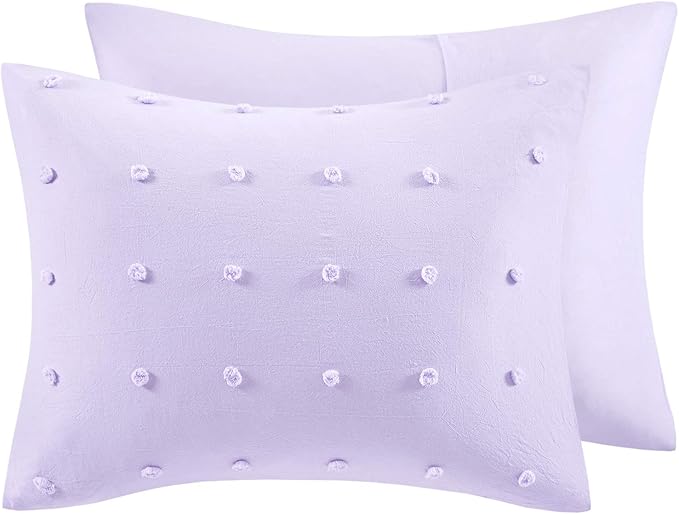 Callie Cotton Jacquard Weave Colorful Pom Pom Kids Comforter sets, Down Alternative Shabby Chic All Season Girls Bedding, Bedroom Decor, Twin/Twin XL, Lavender 4 Piece - LeafyLoom