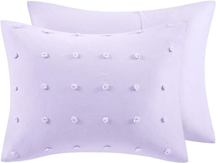 Callie Cotton Jacquard Weave Colorful Pom Pom Kids Comforter sets, Down Alternative Shabby Chic All Season Girls Bedding, Bedroom Decor, Full/Queen, Lavender 5 Piece - LeafyLoom