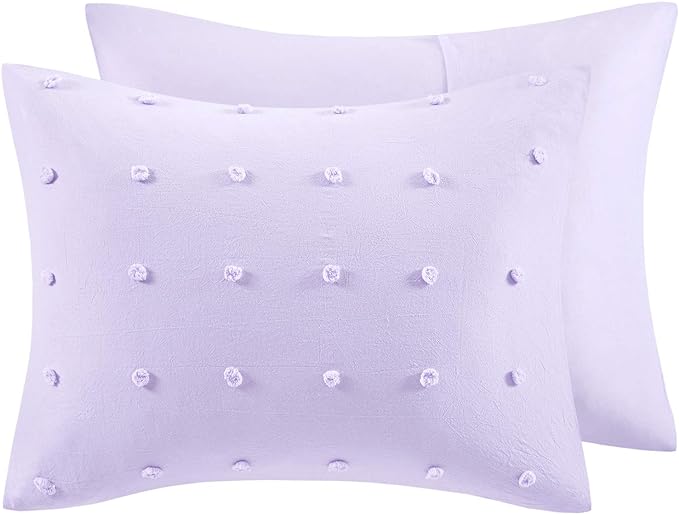 Callie Cotton Jacquard Weave Colorful Pom Pom Kids Comforter sets, Down Alternative Shabby Chic All Season Girls Bedding, Bedroom Decor, Full/Queen, Lavender 5 Piece - LeafyLoom